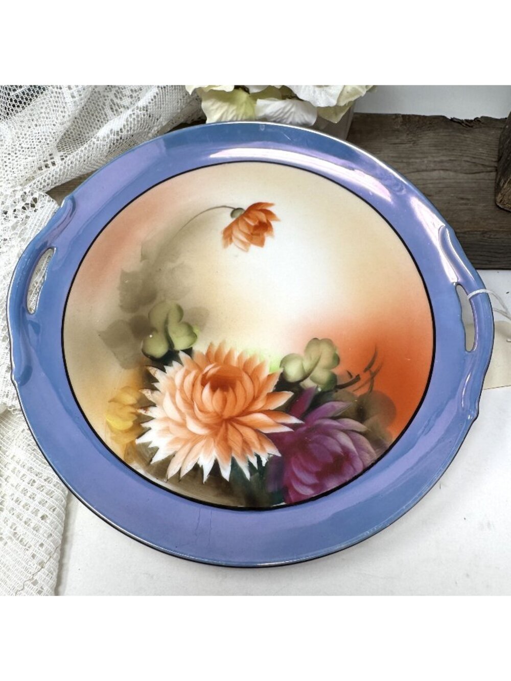 Vintage Noritake Blue Luster Plate with 2 Handles Large Floral